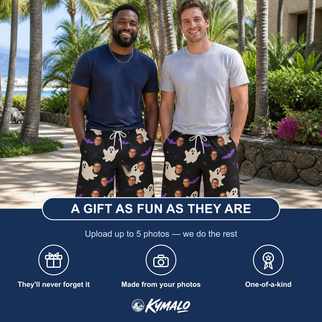 Friends in matching Men's Boo Bats Custom Face Beach Shorts — a group gift photo