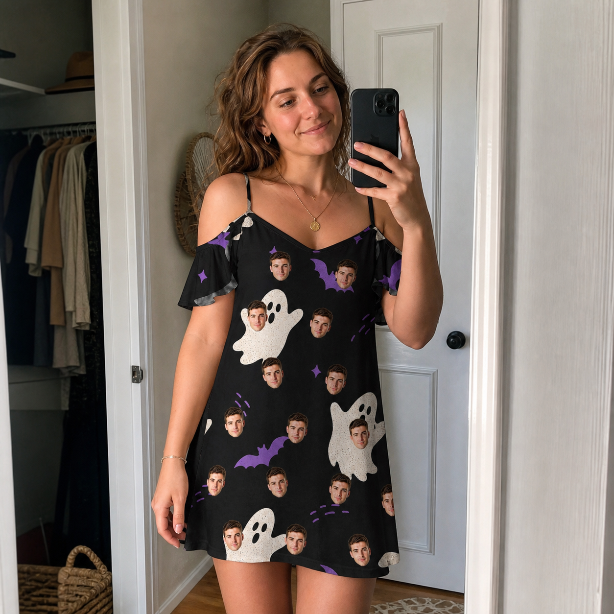 Real-life photo of someone wearing Women's Boo Bats Custom Face Off-Shoulder Dress — custom faces printed all-over