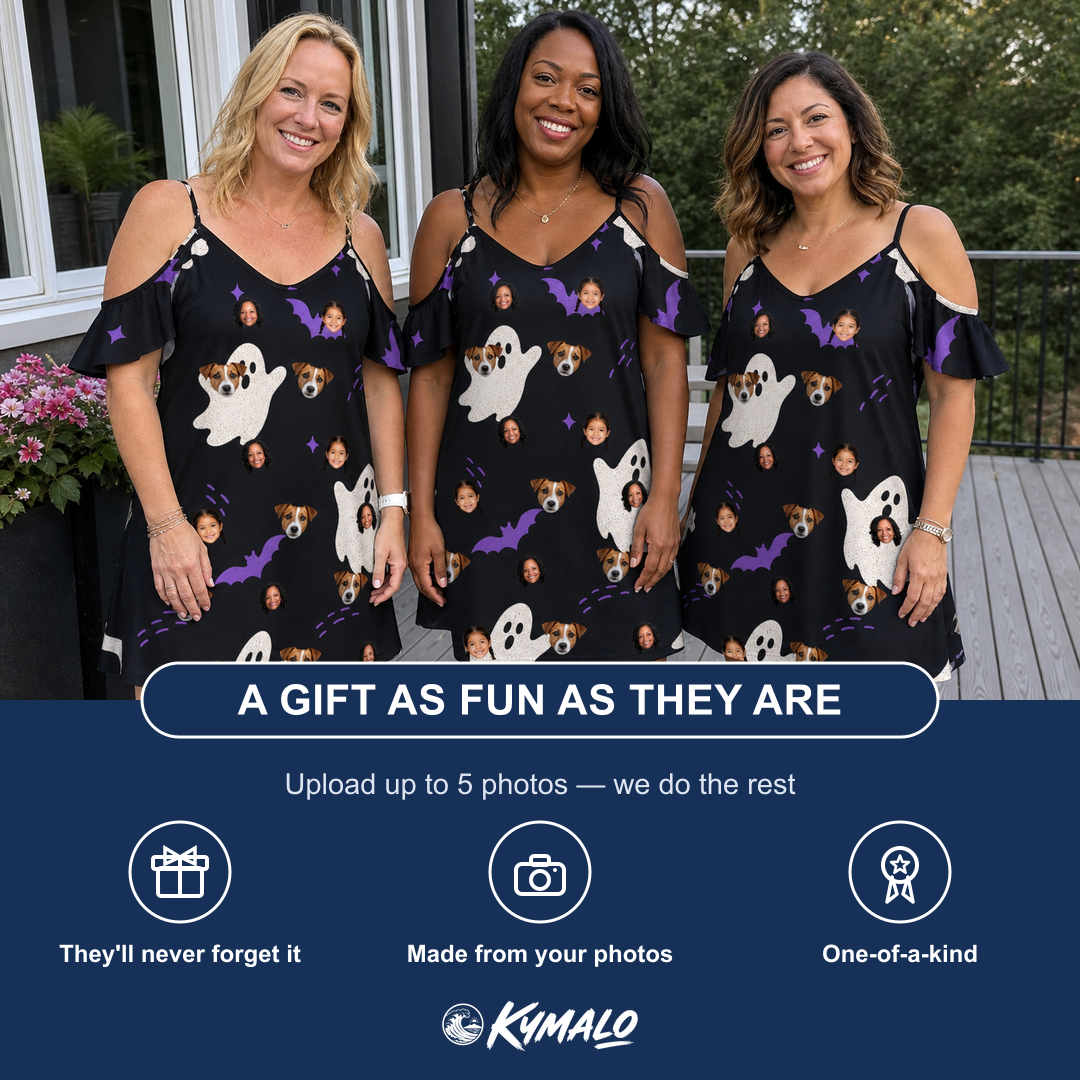 Friends in matching Women's Boo Bats Custom Face Off-Shoulder Dress — a group gift photo