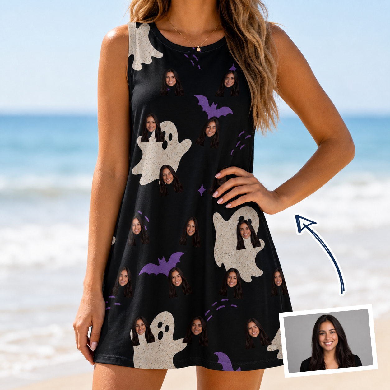Woman wearing Women's Boo Bats Custom Face Tank Dress — custom faces printed all-over