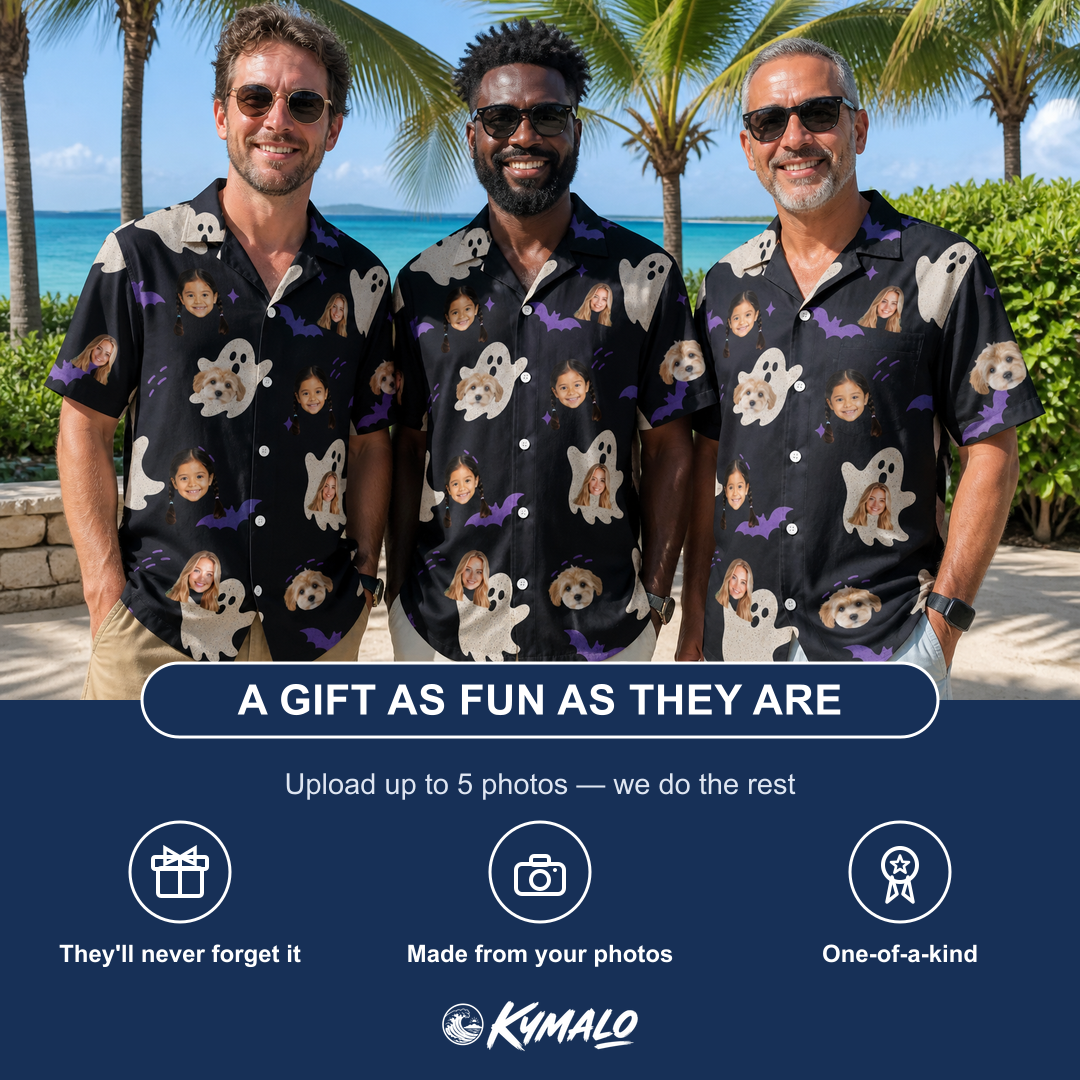 Friends in matching Men's Boo Bats Custom Face Hawaiian Shirt — a group gift photo