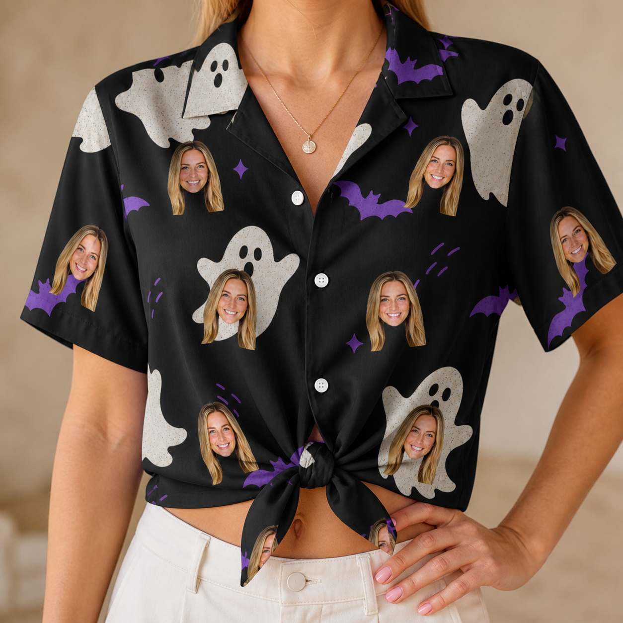 Woman wearing Women's Boo Bats Custom Face Hawaiian Shirt tied at the waist