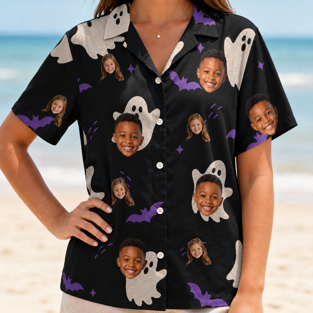 Model wearing Women's Boo Bats Custom Face Hawaiian Shirt printed with kids' faces