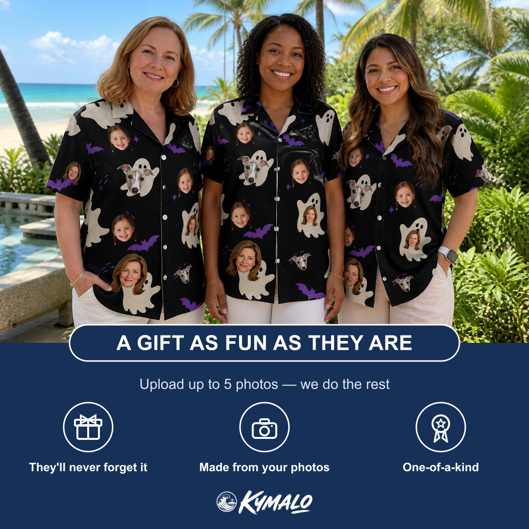 Friends in matching Women's Boo Bats Custom Face Hawaiian Shirt — a group gift photo