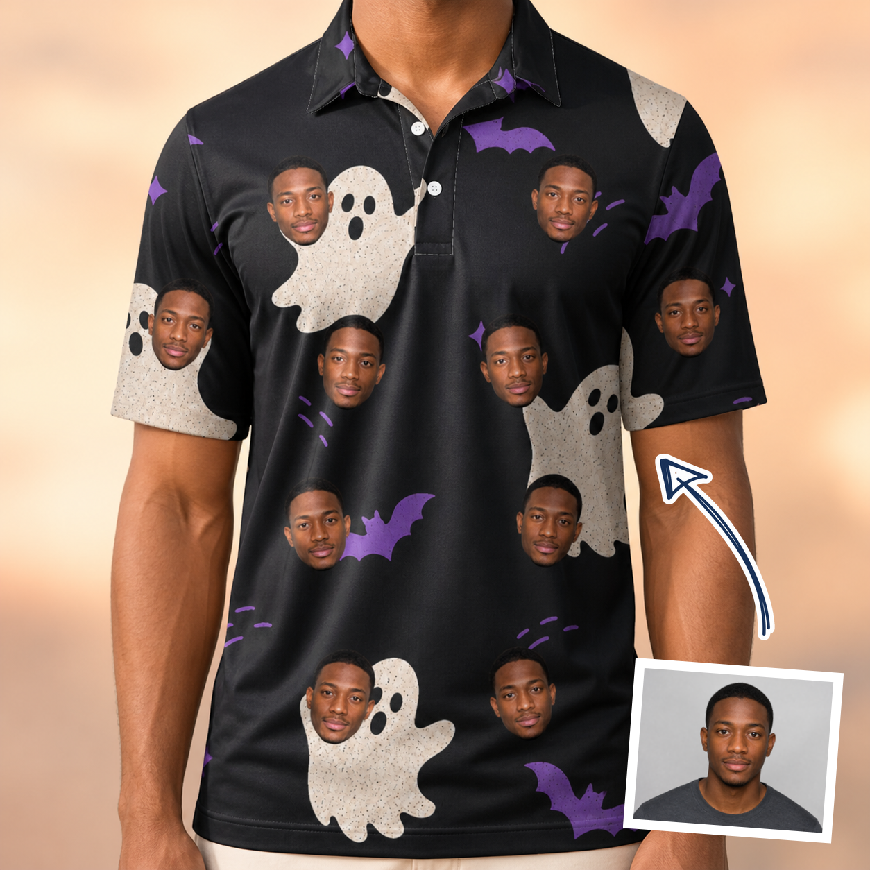 Man wearing Men's Boo Bats Custom Face Polo Shirt — custom faces printed all-over