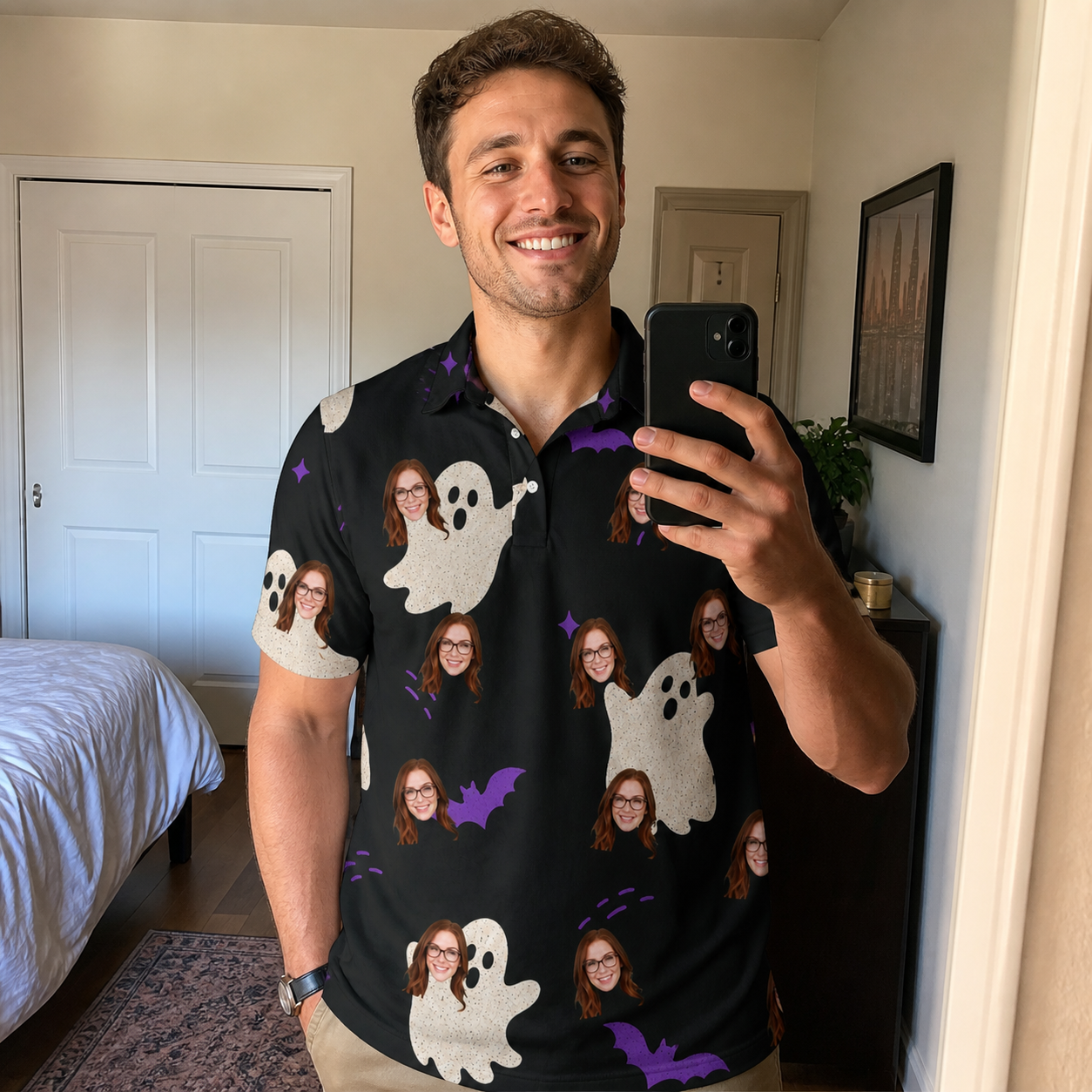 Real-life photo of someone wearing Men's Boo Bats Custom Face Polo Shirt — custom faces printed all-over