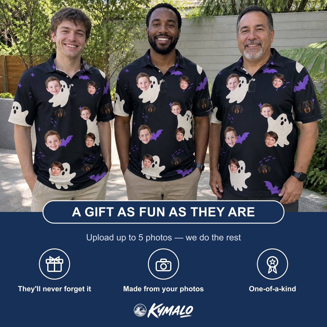 Friends in matching Men's Boo Bats Custom Face Polo Shirt — a group gift photo