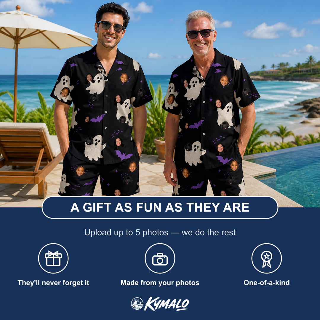 Friends in matching Men's Boo Bats Custom Face Shirt & Shorts Set — a group gift photo