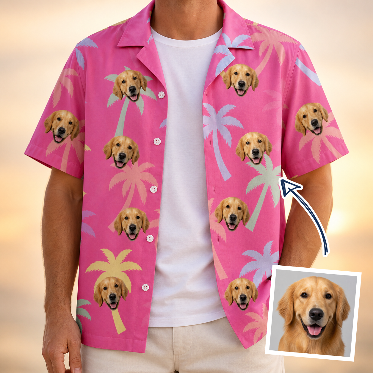 Model wearing Men's Bougainvillea Breeze Custom Face Hawaiian Shirt printed with a dog's face