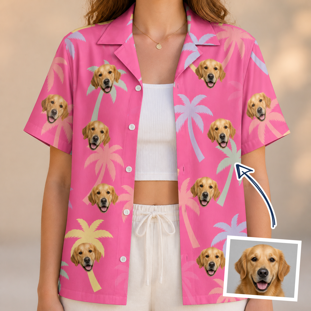 Model wearing Women's Bougainvillea Breeze Custom Face Hawaiian Shirt printed with a dog's face