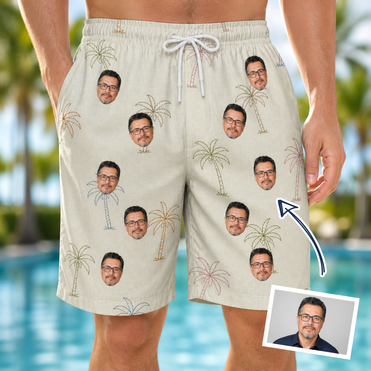 Man wearing Men's Palm Pizzazz Custom Face Beach Shorts — custom faces printed all-over