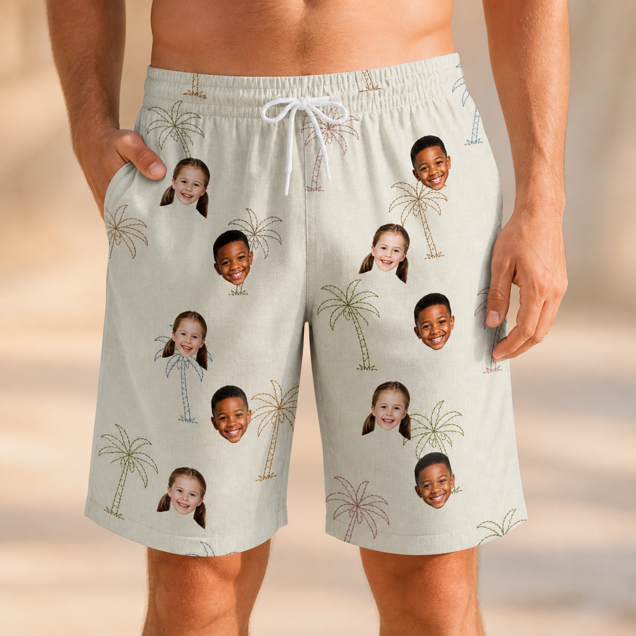 Model wearing Men's Palm Pizzazz Custom Face Beach Shorts printed with kids' faces