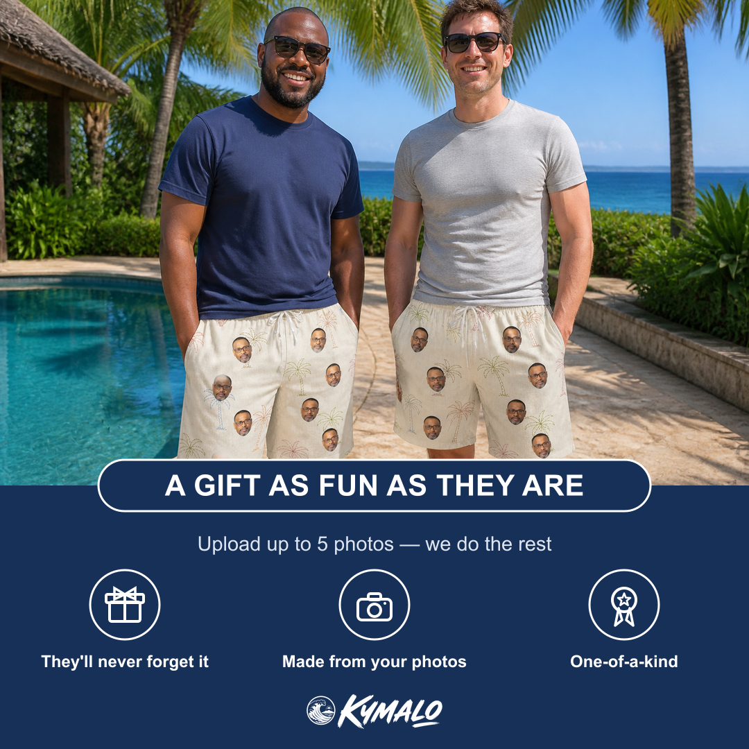 Friends in matching Men's Palm Pizzazz Custom Face Beach Shorts — a group gift photo