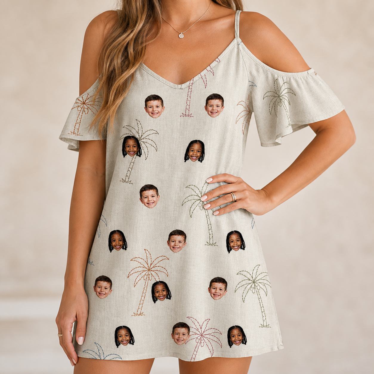 Model wearing Women's Palm Pizzazz Custom Face Off-Shoulder Dress printed with kids' faces