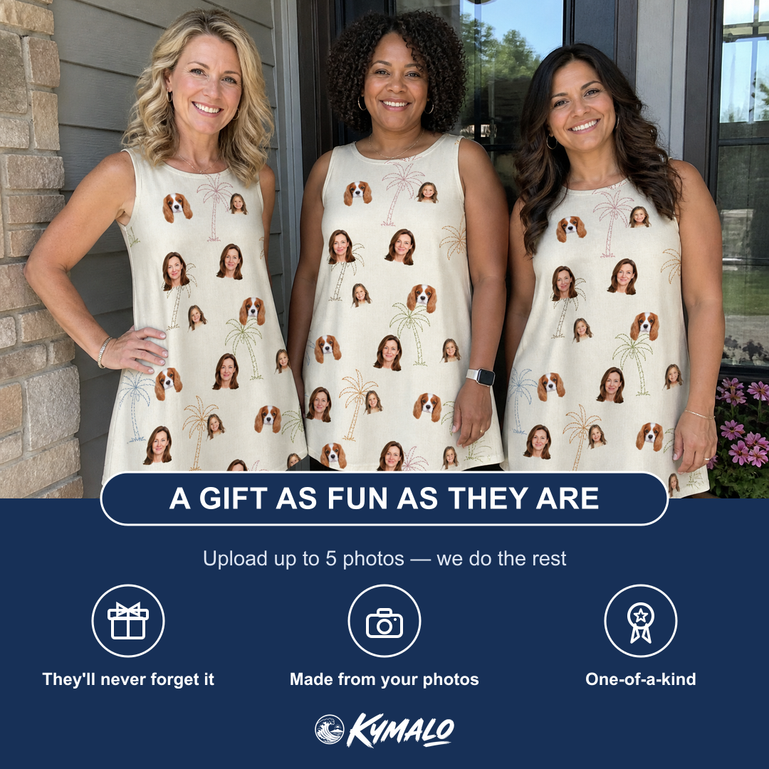 Friends in matching Women's Palm Pizzazz Custom Face Tank Dress — a group gift photo