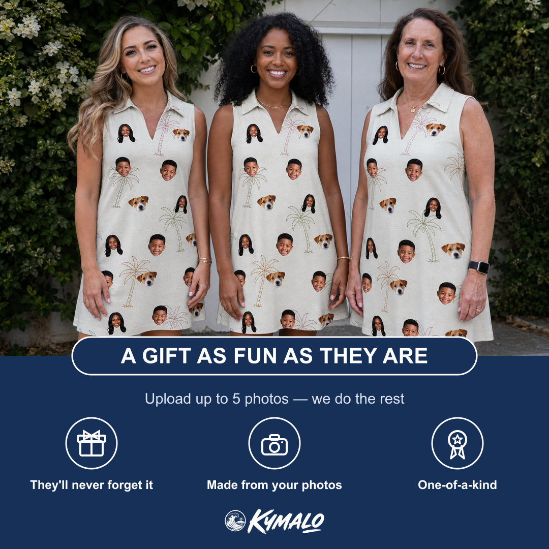 Friends in matching Women's Palm Pizzazz Custom Face V-Neck Dress — a group gift photo