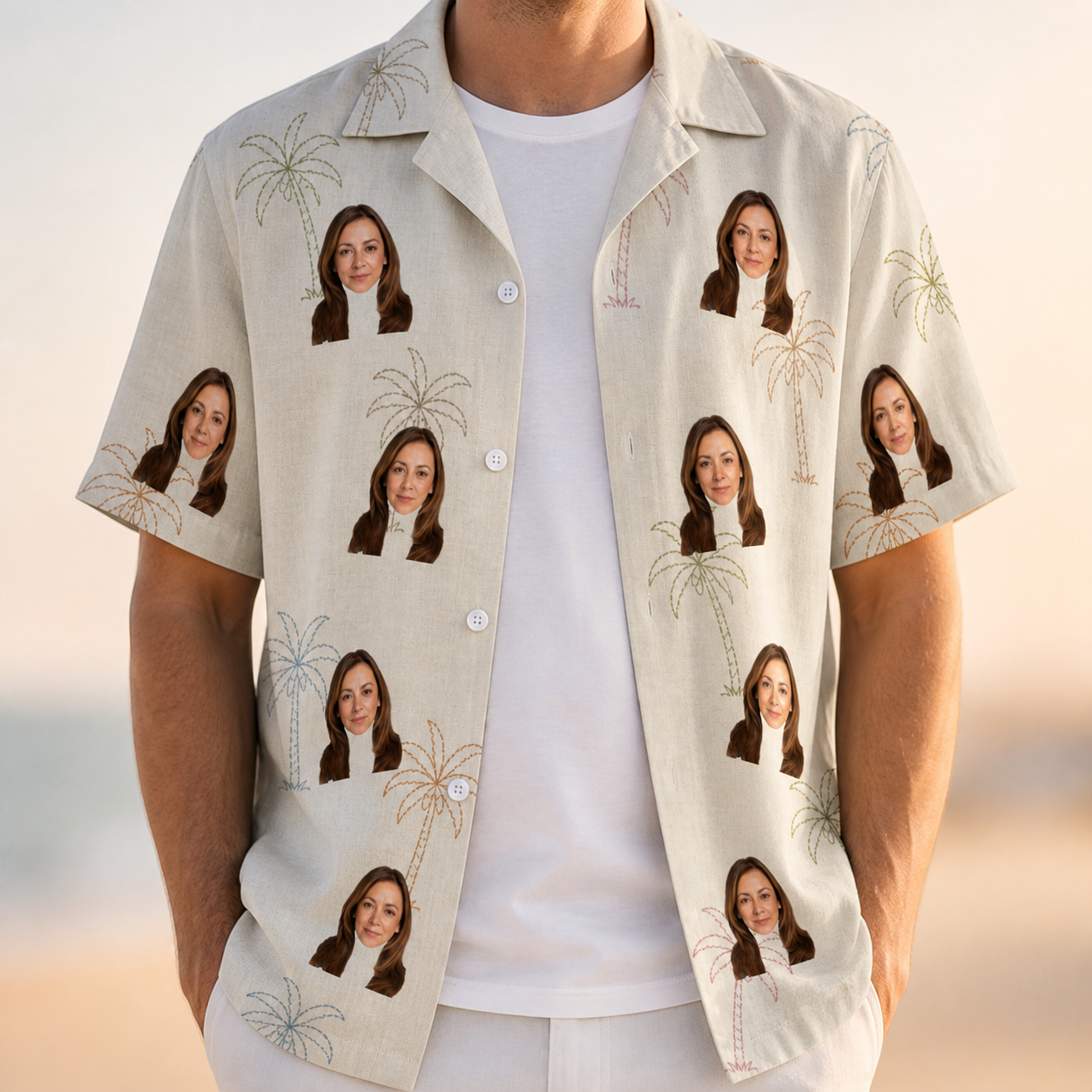 Man wearing Men's Palm Pizzazz Custom Face Hawaiian Shirt open over a white tee