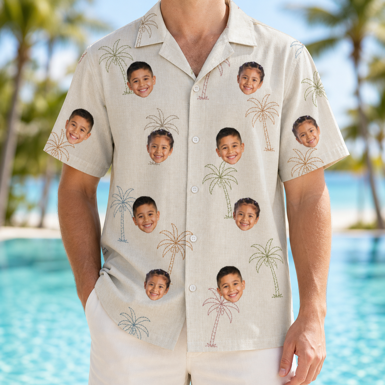 Model wearing Men's Palm Pizzazz Custom Face Hawaiian Shirt printed with kids' faces