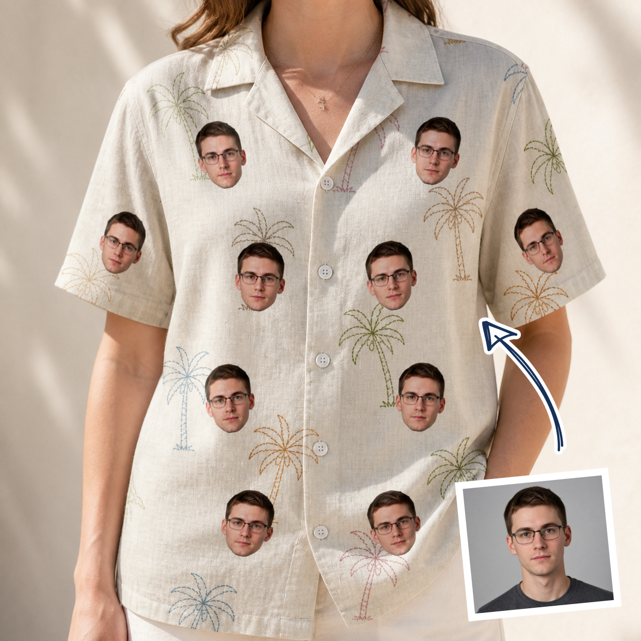 Woman wearing Women's Palm Pizzazz Custom Face Hawaiian Shirt — custom faces printed all-over