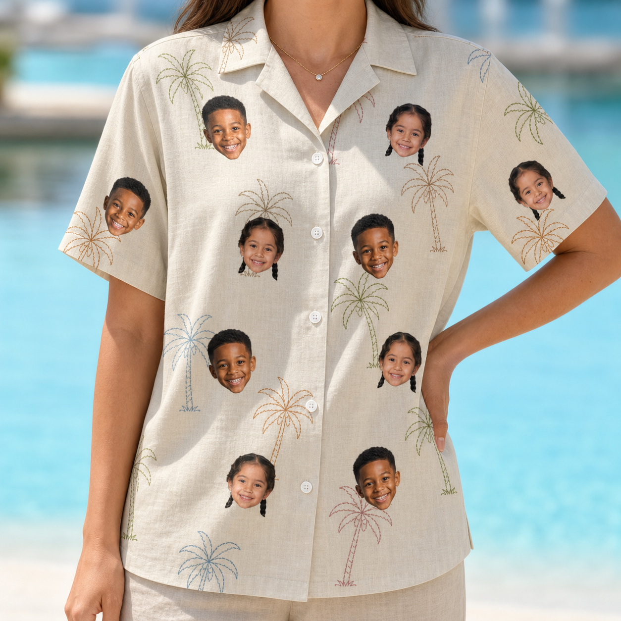 Model wearing Women's Palm Pizzazz Custom Face Hawaiian Shirt printed with kids' faces