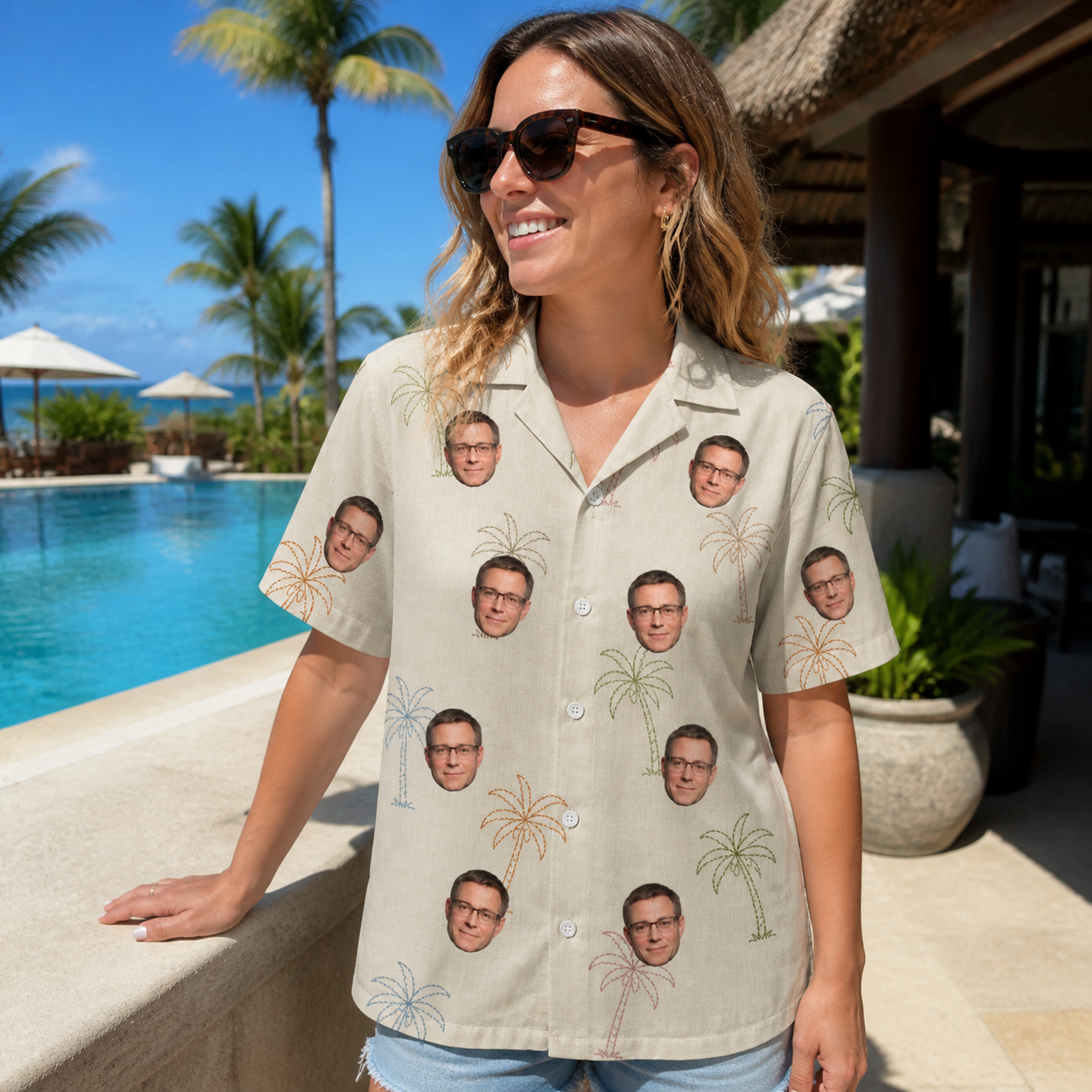 Real-life photo of someone wearing Women's Palm Pizzazz Custom Face Hawaiian Shirt — custom faces printed all-over