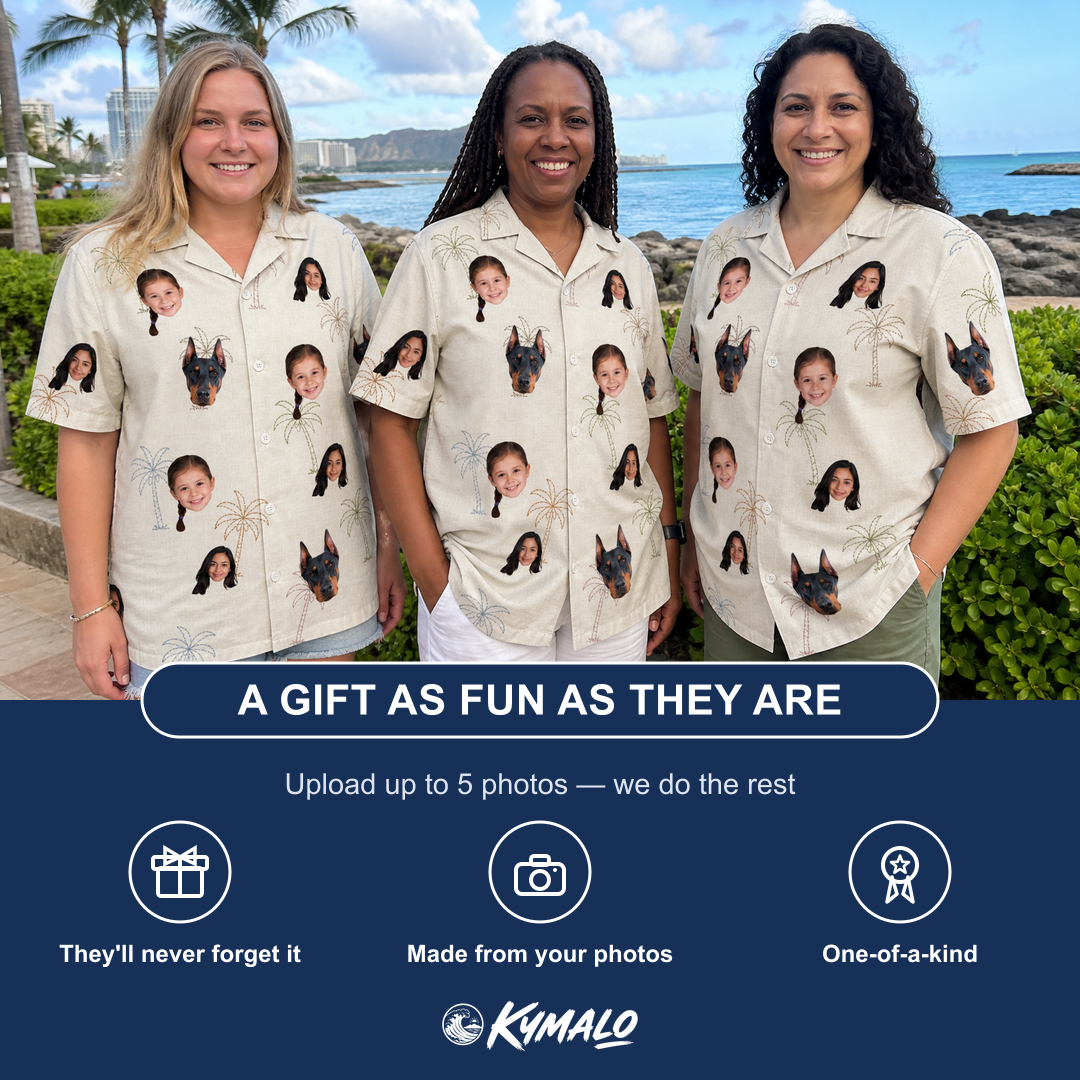 Friends in matching Women's Palm Pizzazz Custom Face Hawaiian Shirt — a group gift photo