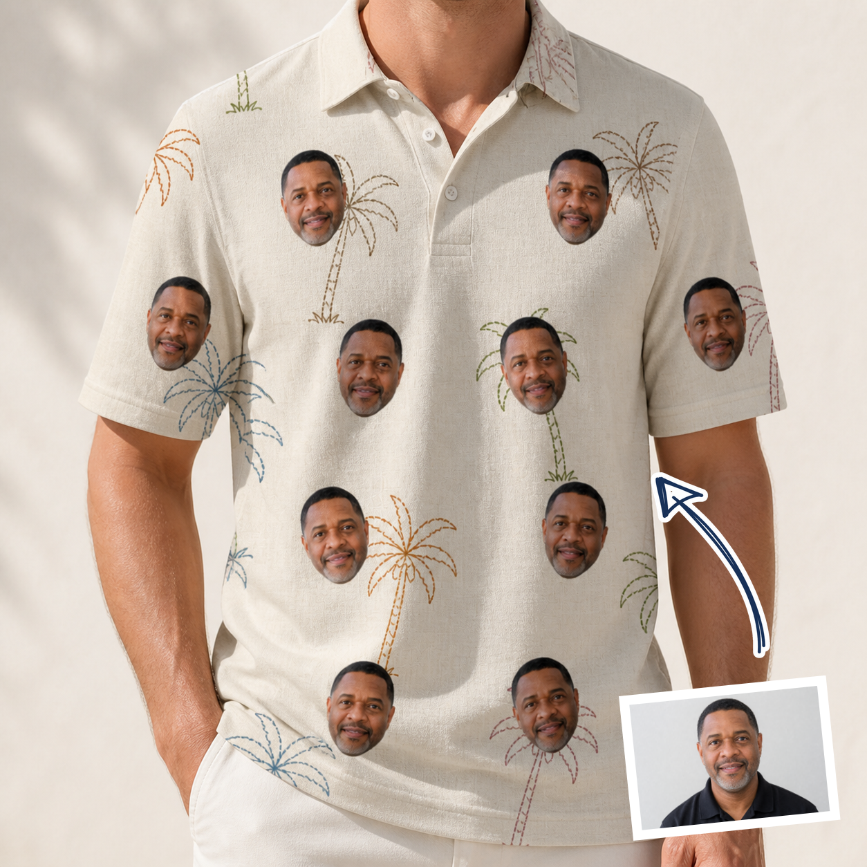 Man wearing Men's Palm Pizzazz Custom Face Polo Shirt — custom faces printed all-over