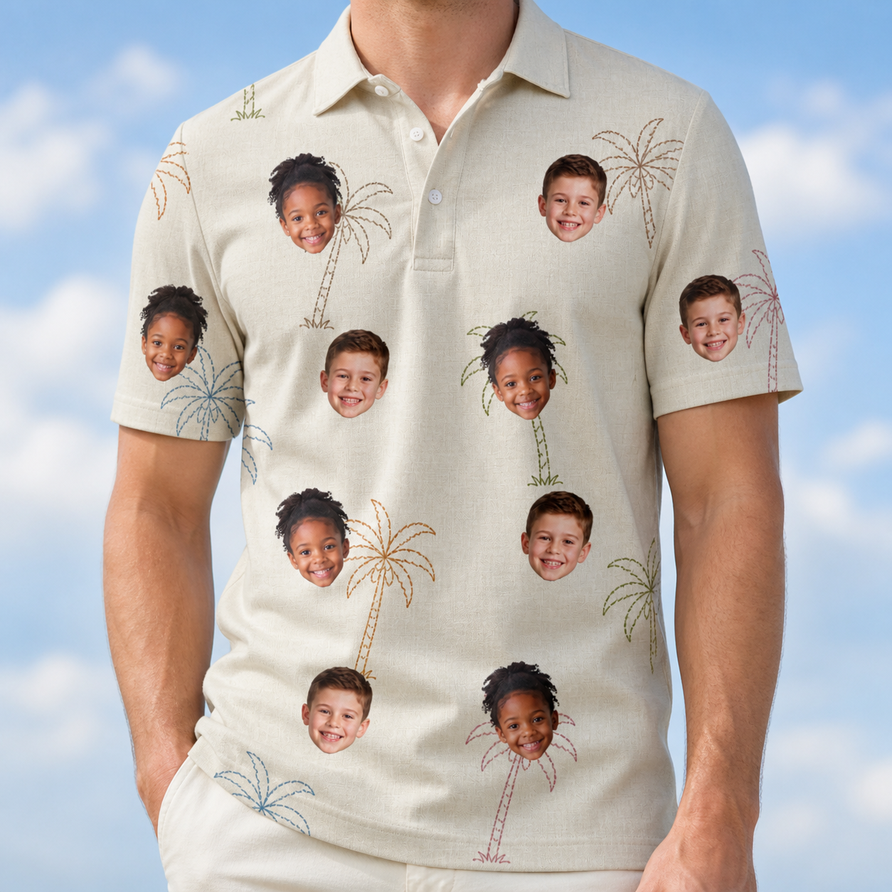 Model wearing Men's Palm Pizzazz Custom Face Polo Shirt printed with kids' faces