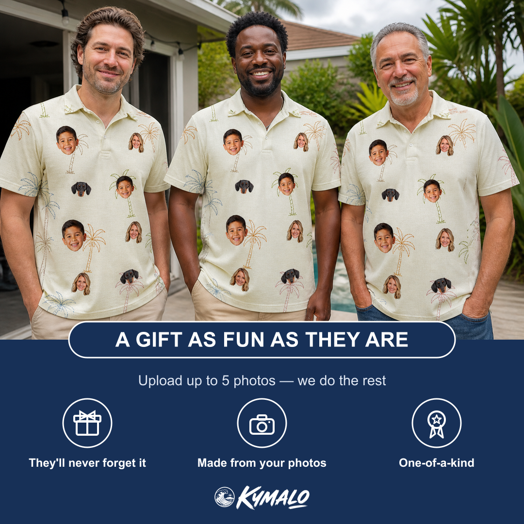 Friends in matching Men's Palm Pizzazz Custom Face Polo Shirt — a group gift photo