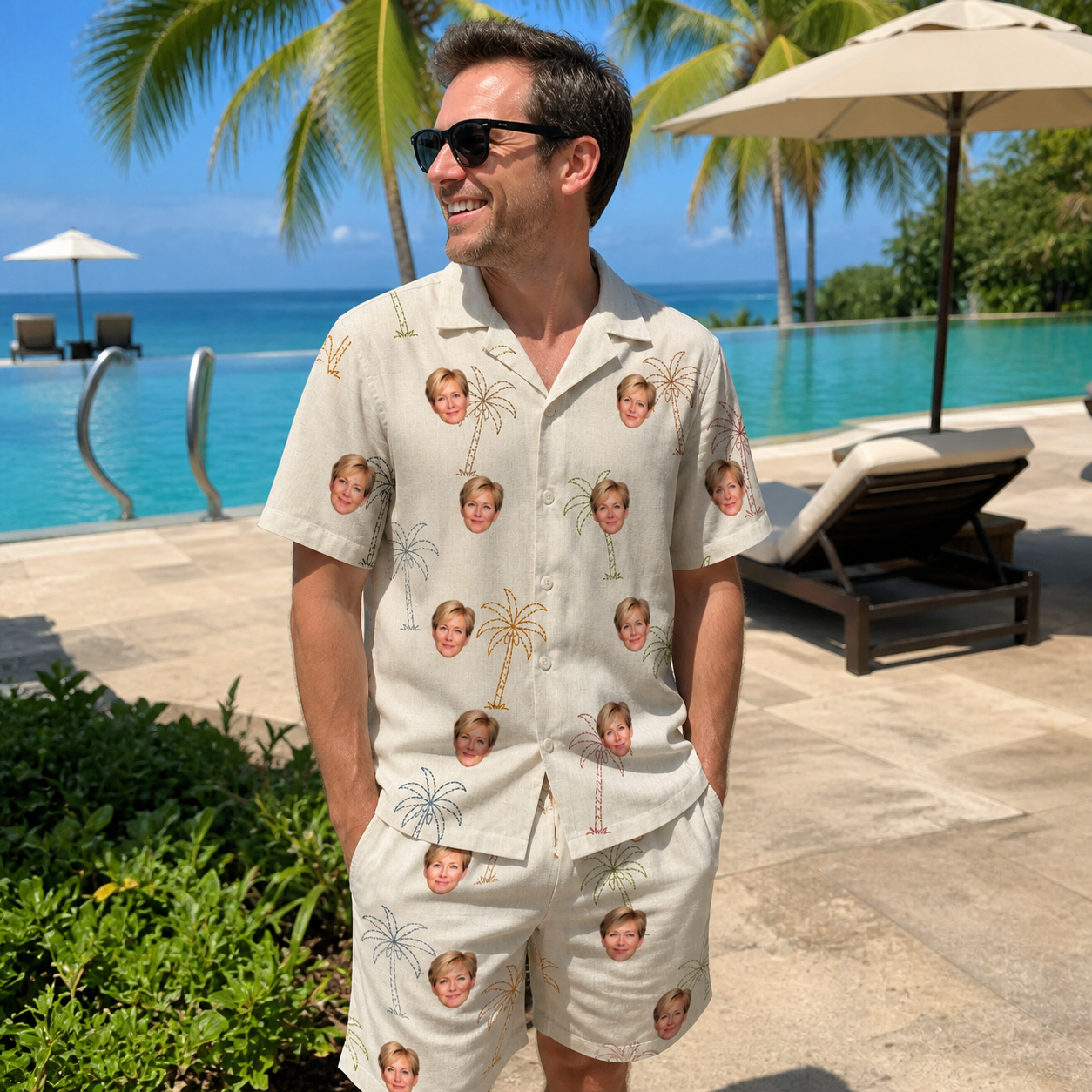 Real-life photo of someone wearing Men's Palm Pizzazz Custom Face Shirt & Shorts Set — custom faces printed all-over