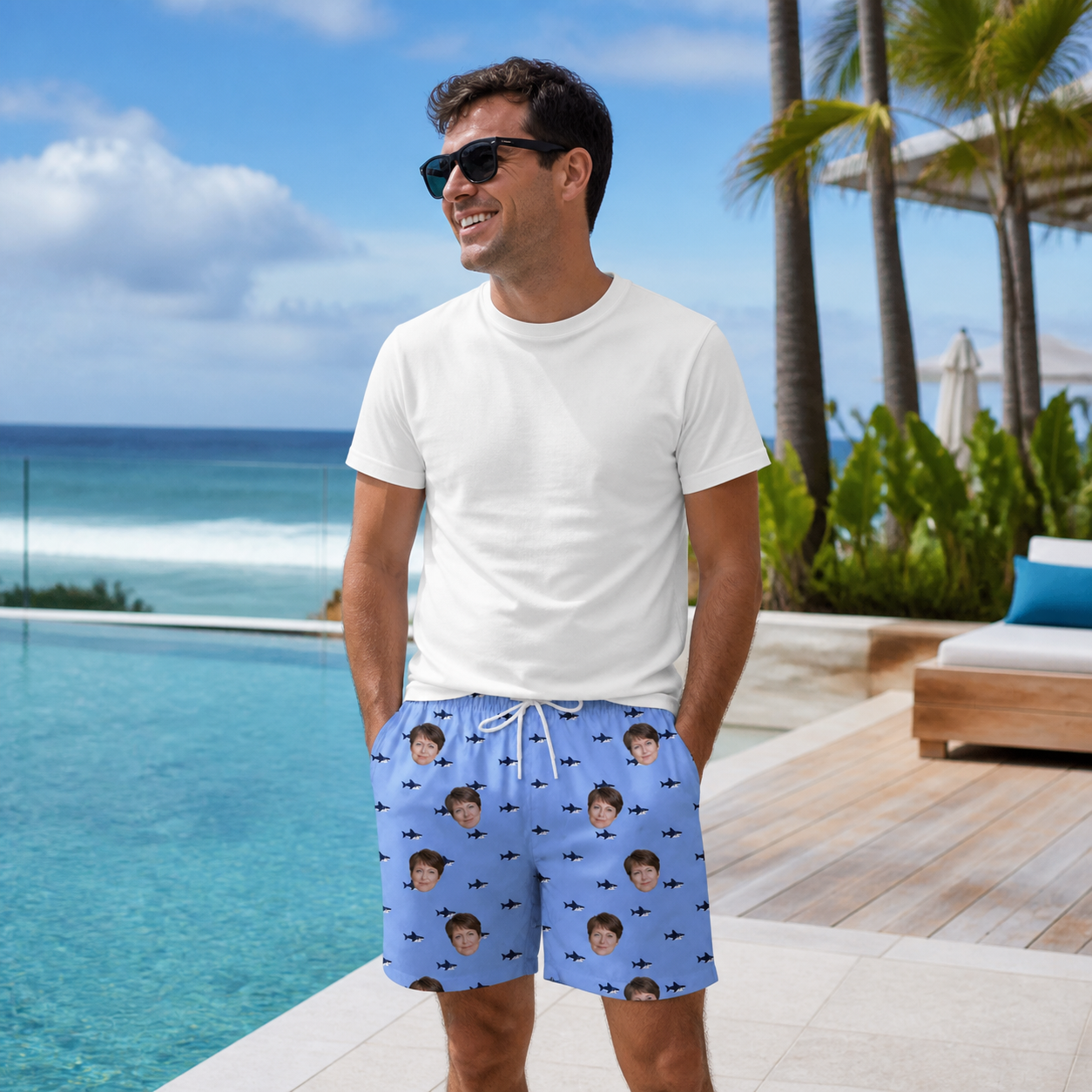 Real-life photo of someone wearing Men's Fin Flickers Custom Face Beach Shorts — custom faces printed all-over