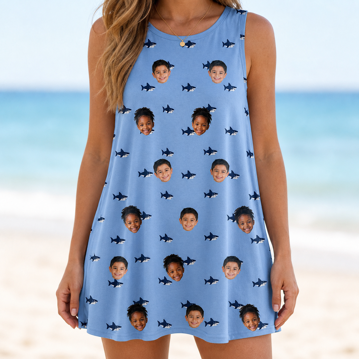 Model wearing Women's Fin Flickers Custom Face Tank Dress printed with kids' faces