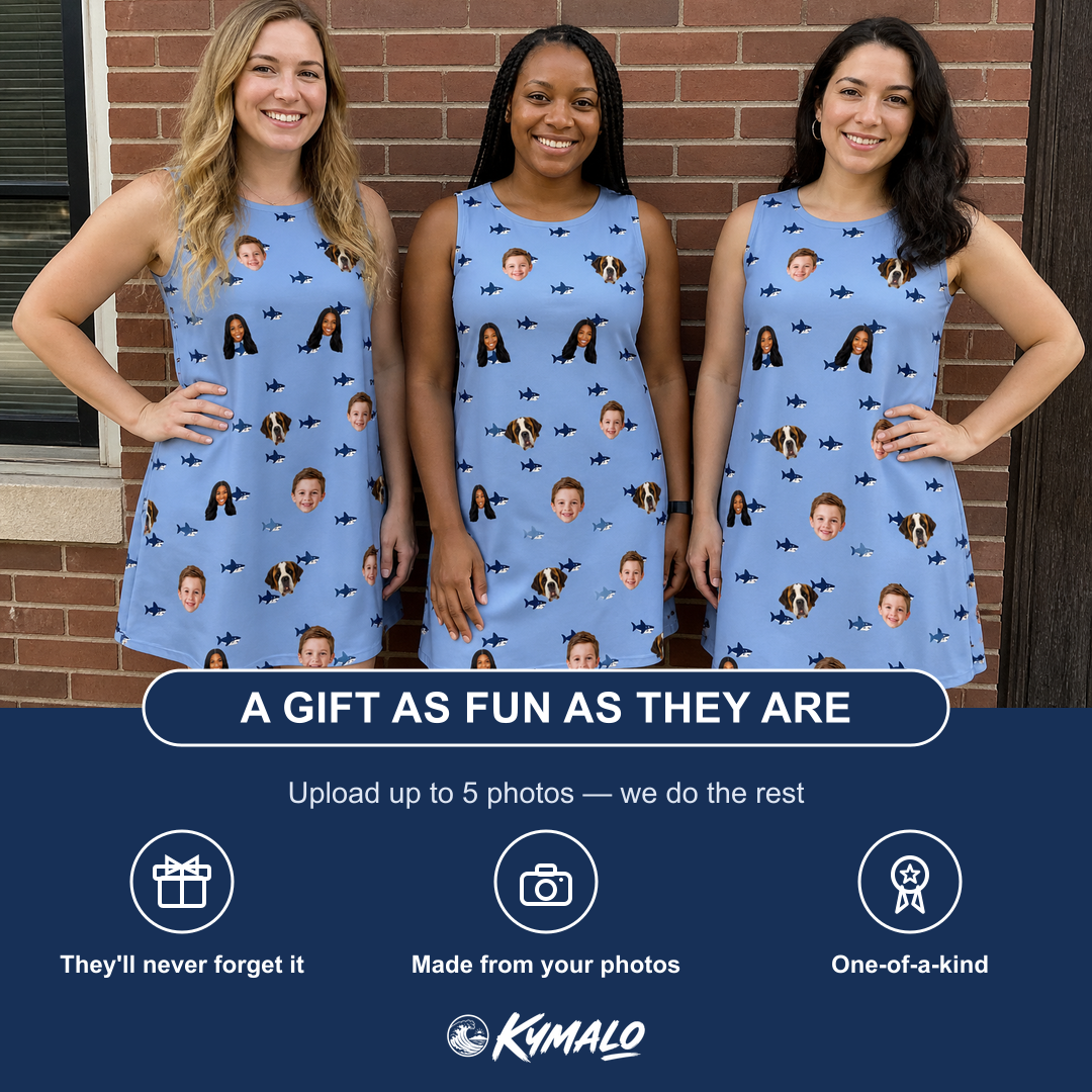 Friends in matching Women's Fin Flickers Custom Face Tank Dress — a group gift photo