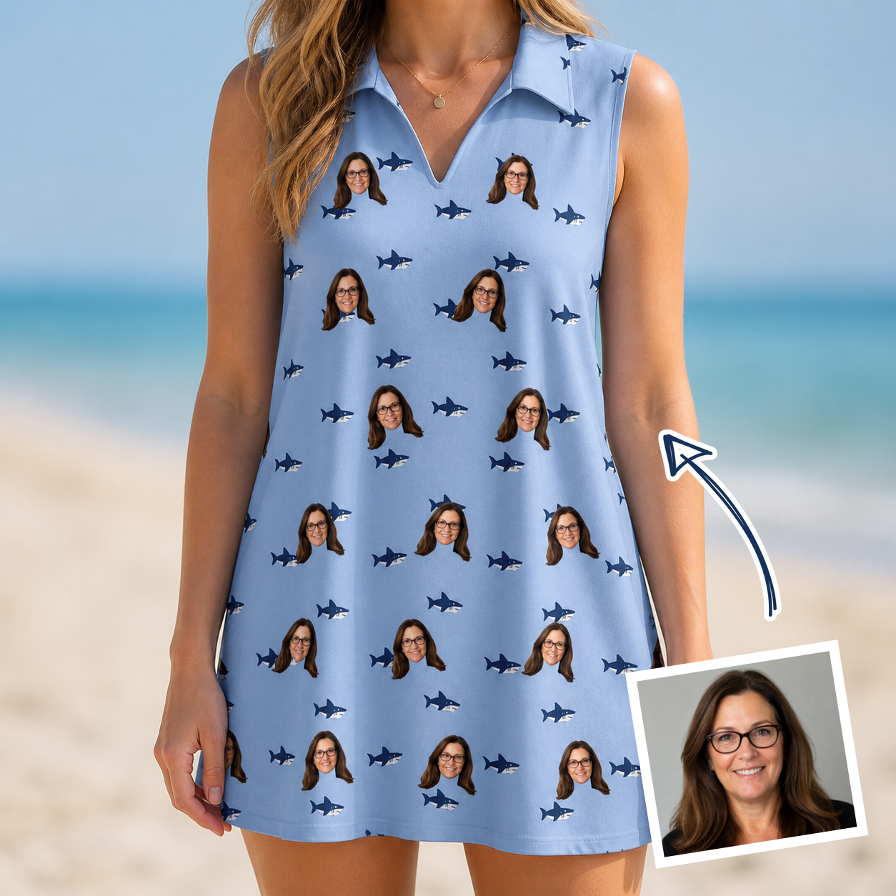 Woman wearing Women's Fin Flickers Custom Face V-Neck Dress — custom faces printed all-over