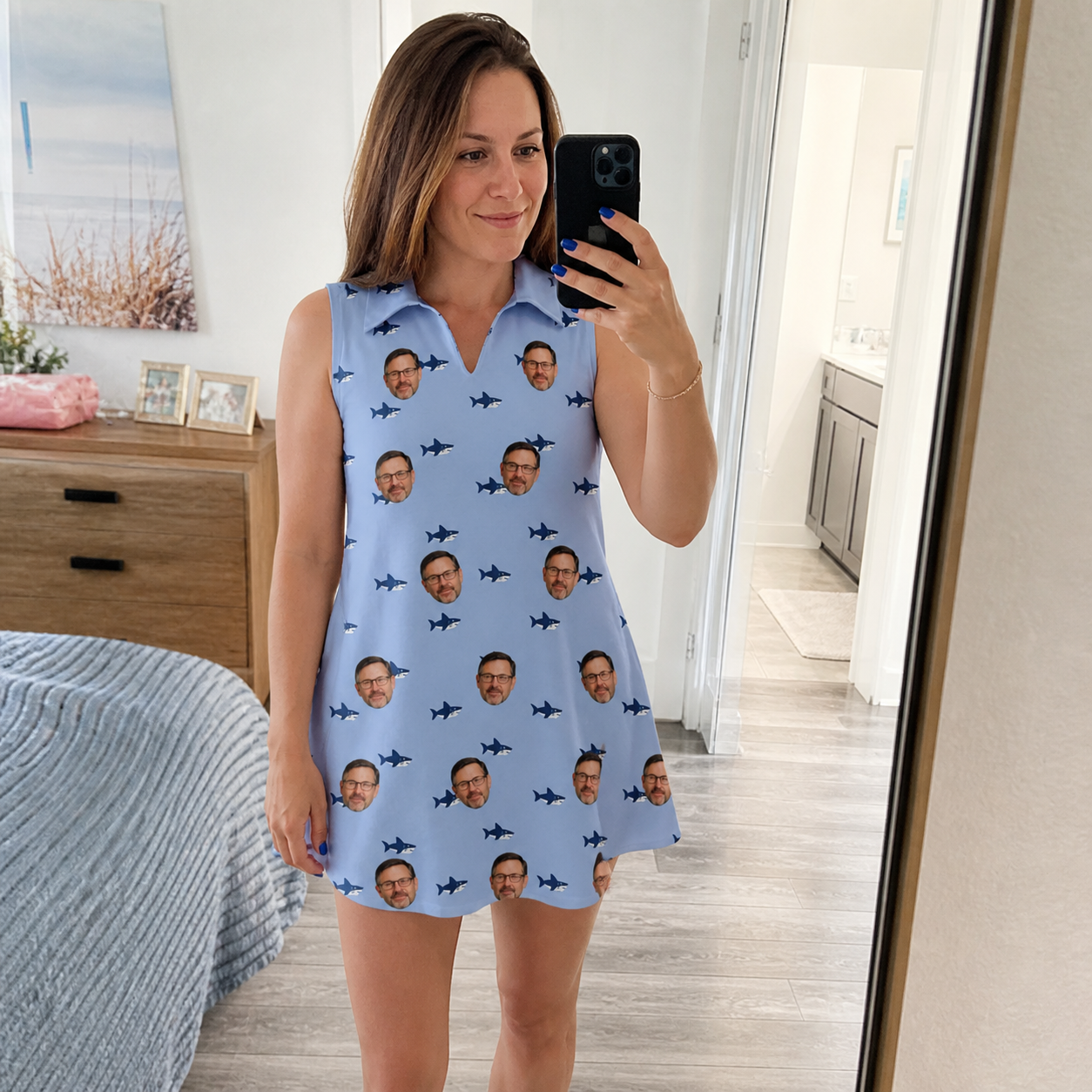 Real-life photo of someone wearing Women's Fin Flickers Custom Face V-Neck Dress — custom faces printed all-over