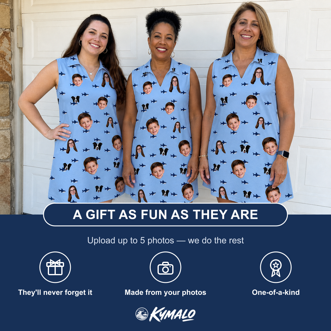 Friends in matching Women's Fin Flickers Custom Face V-Neck Dress — a group gift photo