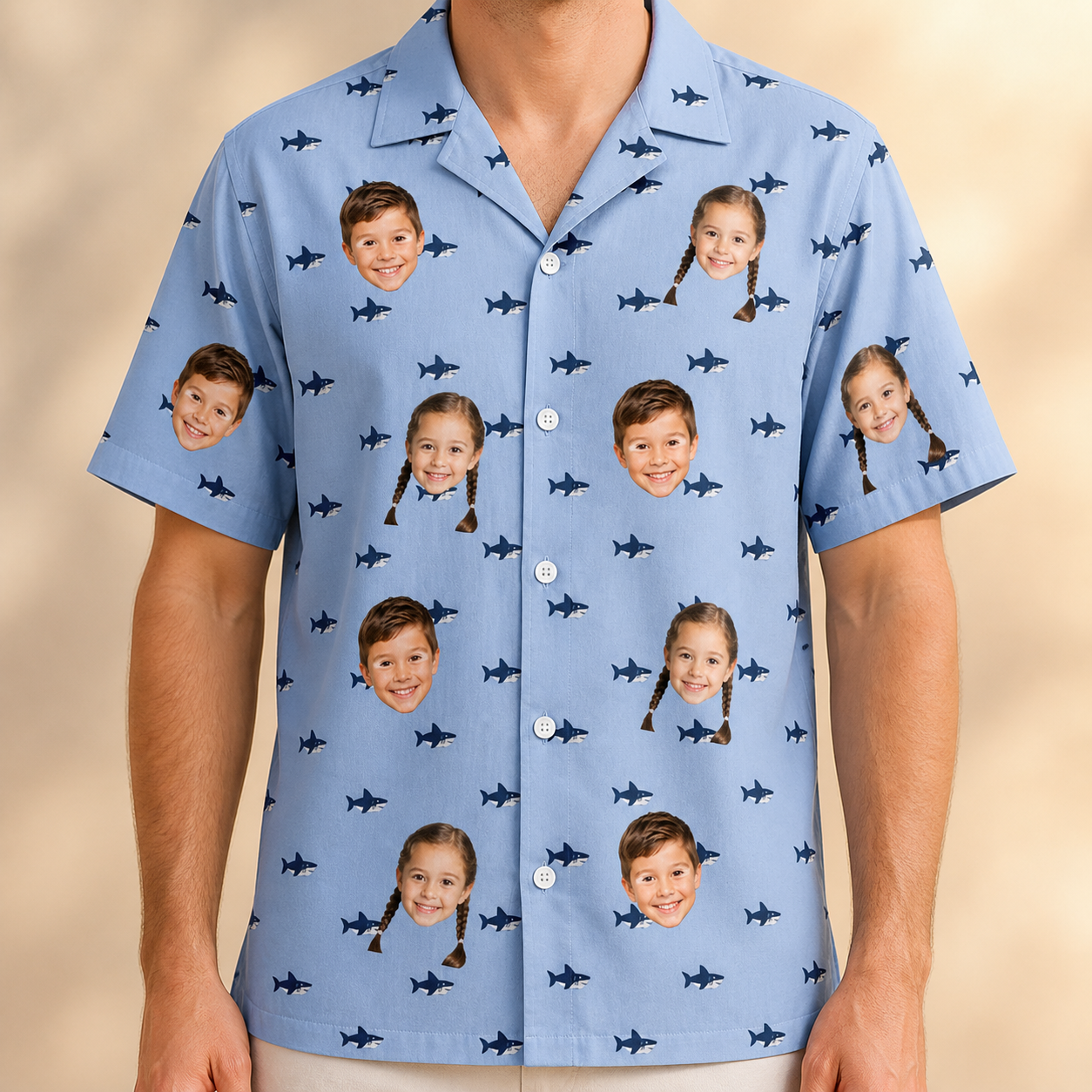 Model wearing Men's Fin Flickers Custom Face Hawaiian Shirt printed with kids' faces
