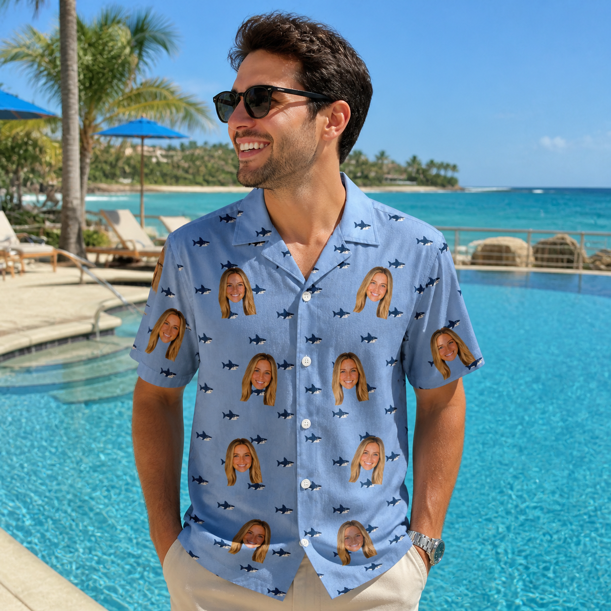 Real-life photo of someone wearing Men's Fin Flickers Custom Face Hawaiian Shirt — custom faces printed all-over