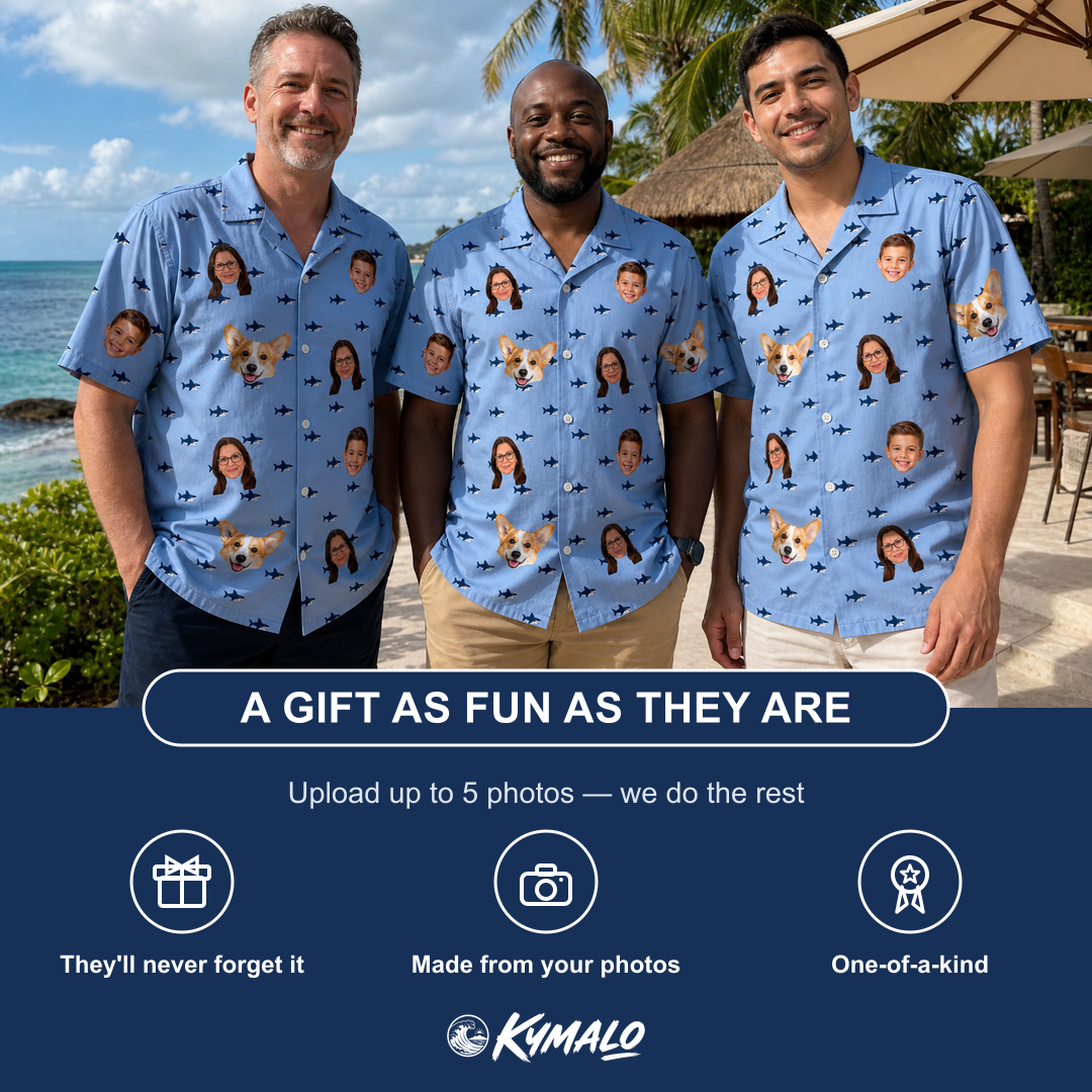Friends in matching Men's Fin Flickers Custom Face Hawaiian Shirt — a group gift photo