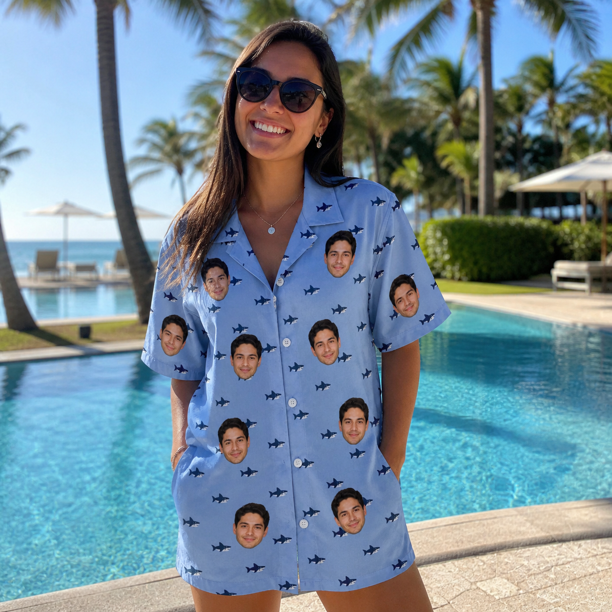 Real-life photo of someone wearing Women's Fin Flickers Custom Face Hawaiian Shirt — custom faces printed all-over
