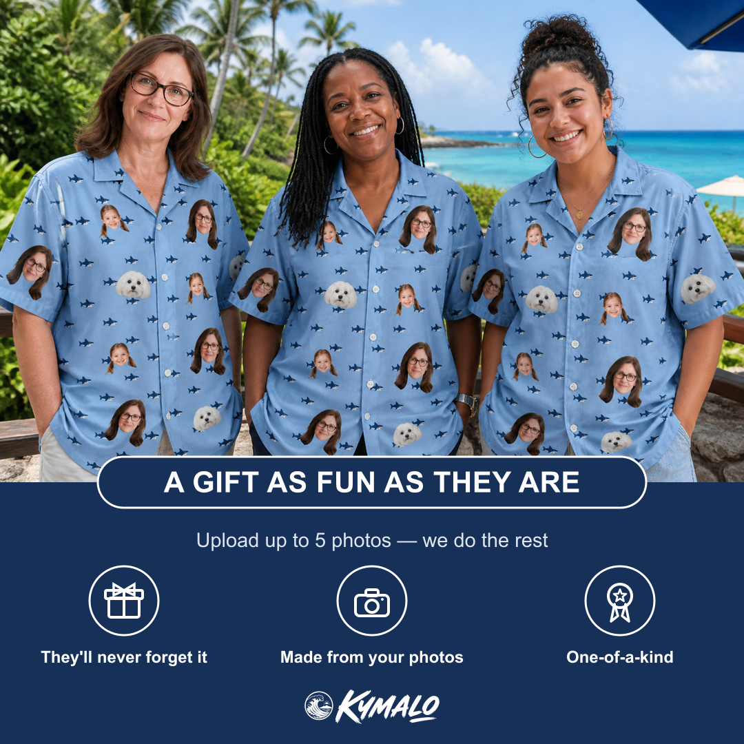 Friends in matching Women's Fin Flickers Custom Face Hawaiian Shirt — a group gift photo