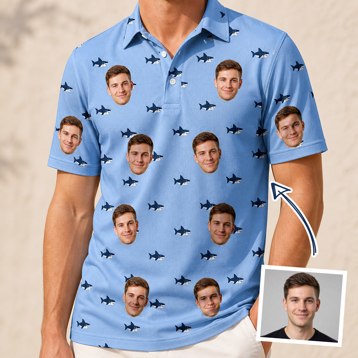 Man wearing Men's Fin Flickers Custom Face Polo Shirt — custom faces printed all-over
