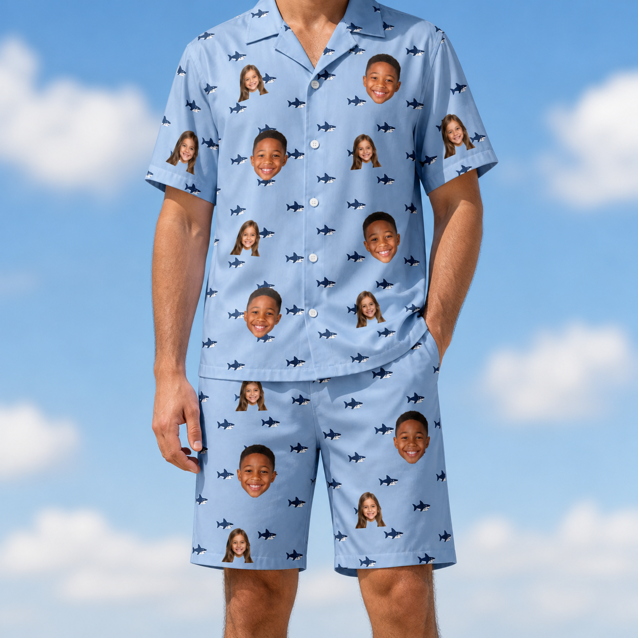 Model wearing Men's Fin Flickers Custom Face Shirt & Shorts Set printed with kids' faces