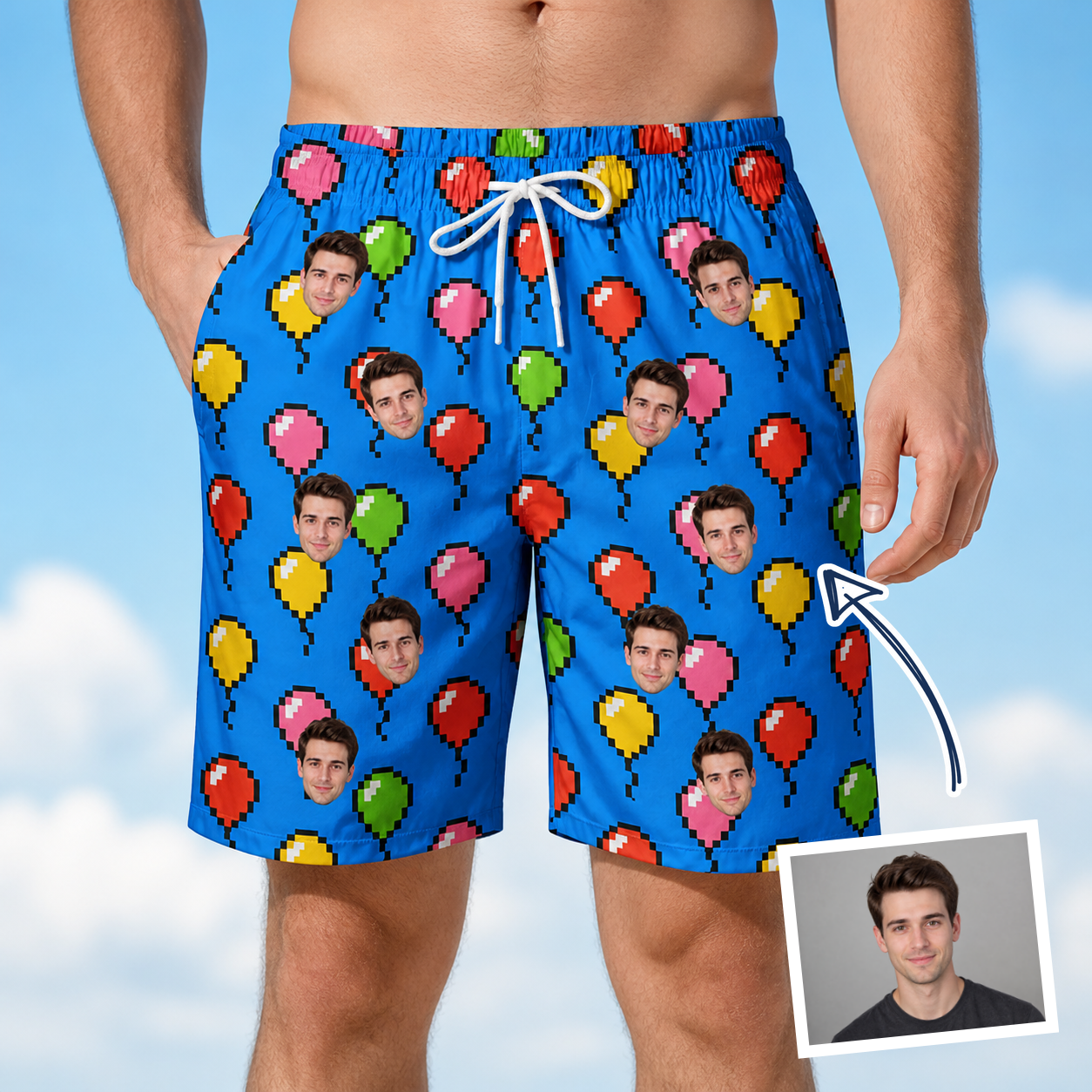 Man wearing Men's Balloon Scribbles Custom Face Beach Shorts — custom faces printed all-over