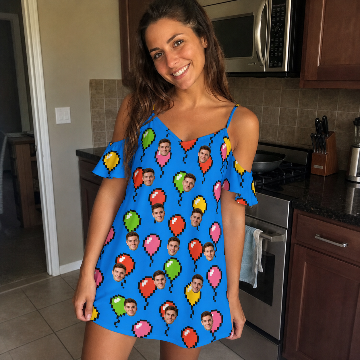 Real-life photo of someone wearing Women's Balloon Scribbles Custom Face Off-Shoulder Dress — custom faces printed all-over