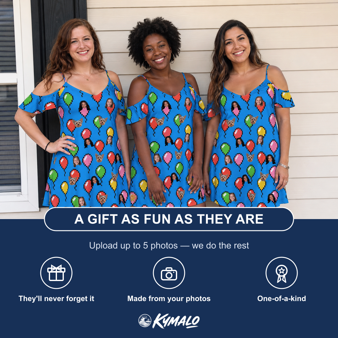 Friends in matching Women's Balloon Scribbles Custom Face Off-Shoulder Dress — a group gift photo