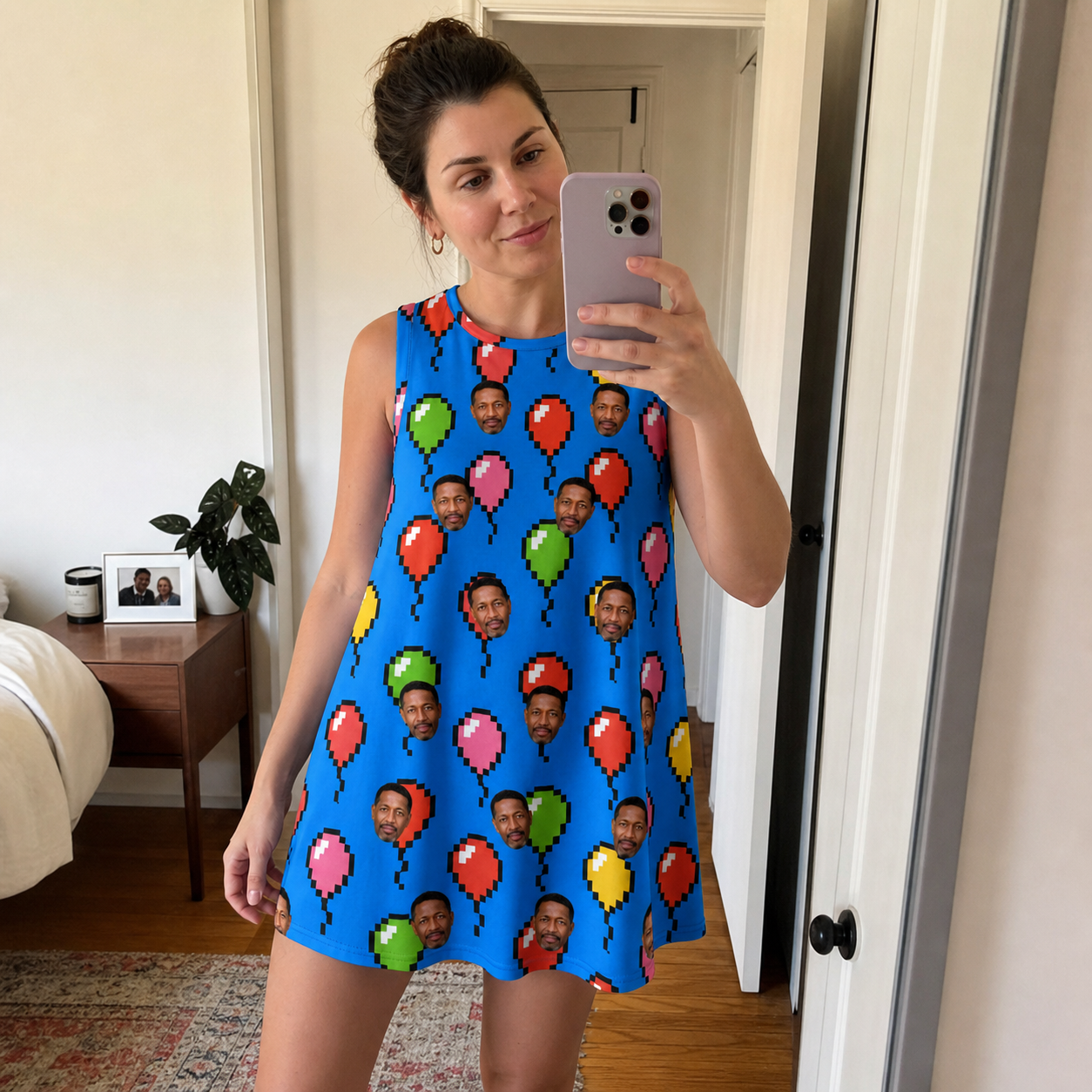 Real-life photo of someone wearing Women's Balloon Scribbles Custom Face Tank Dress — custom faces printed all-over