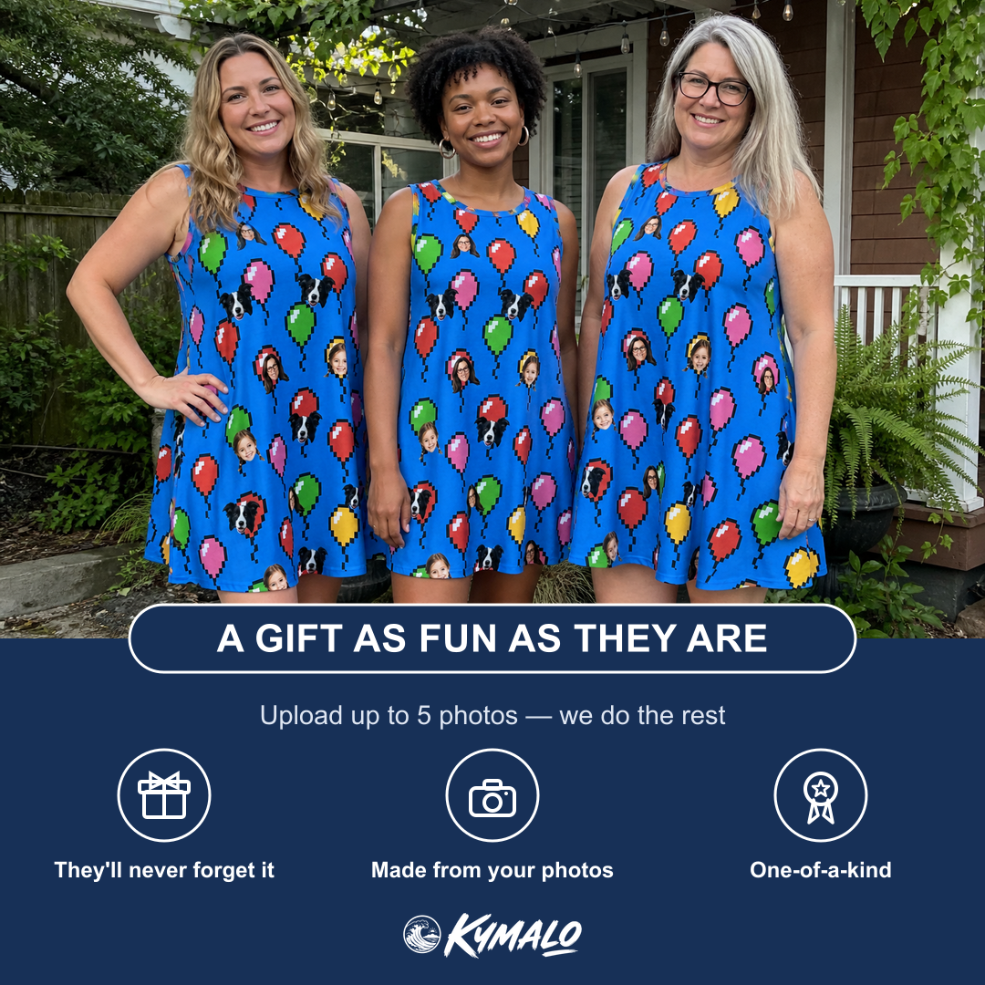 Friends in matching Women's Balloon Scribbles Custom Face Tank Dress — a group gift photo