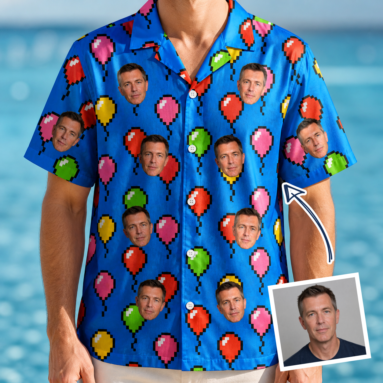 Man wearing Men's Balloon Scribbles Custom Face Hawaiian Shirt — custom faces printed all-over