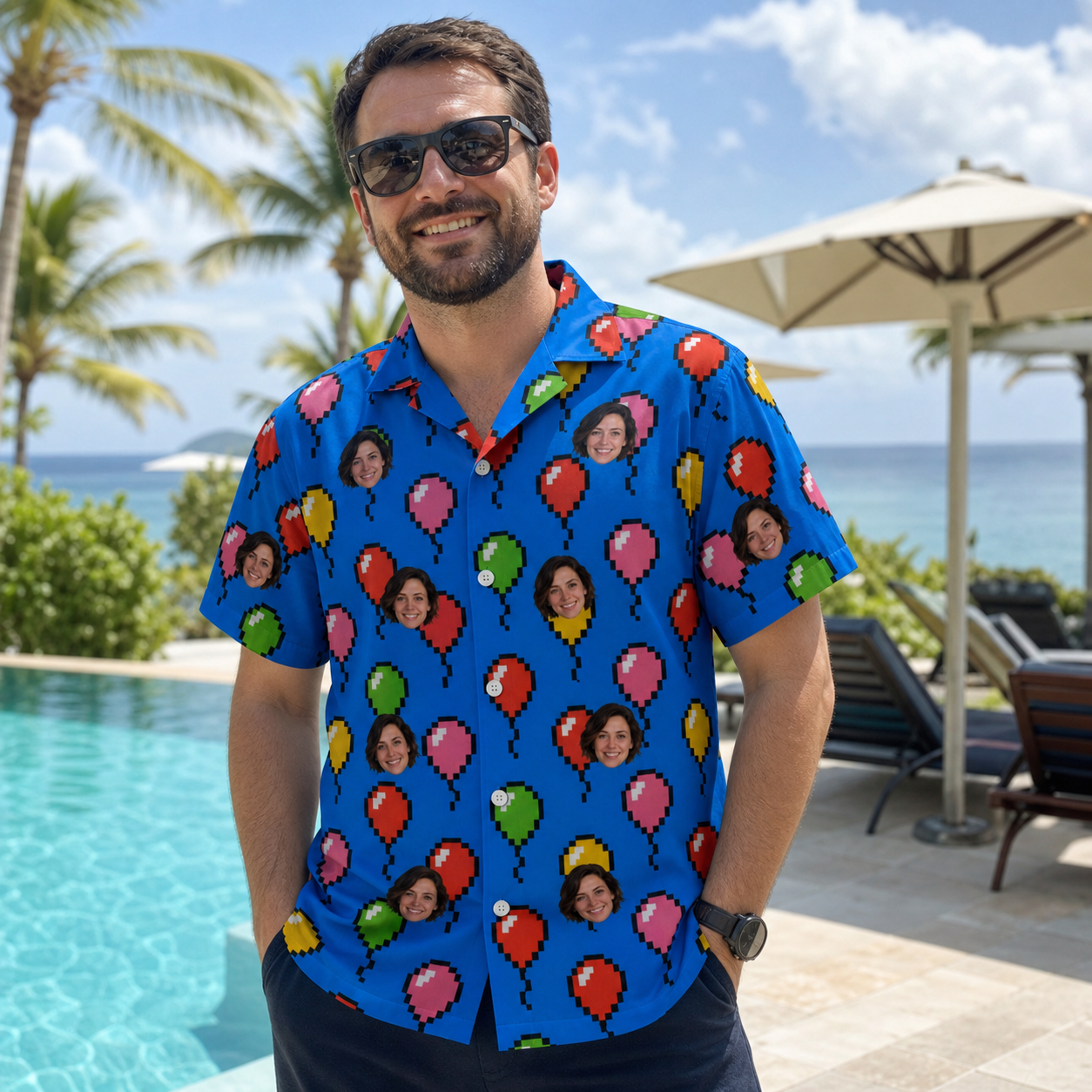 Real-life photo of someone wearing Men's Balloon Scribbles Custom Face Hawaiian Shirt — custom faces printed all-over